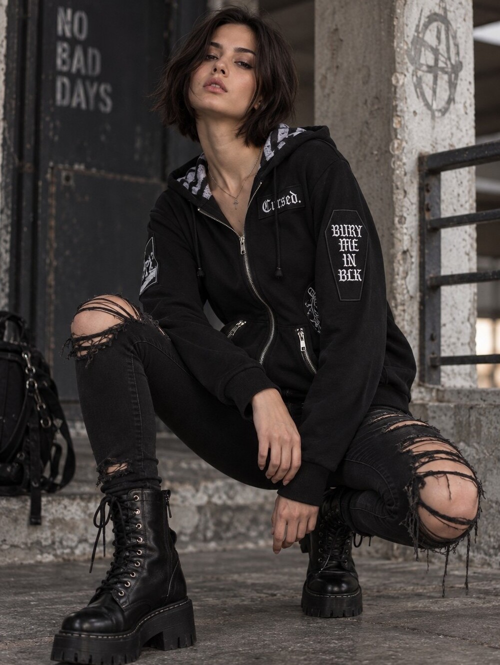Dolls Kill The Grave Girls Cursed Ways Goth Patch Zip Hoodie Black XXS NWT